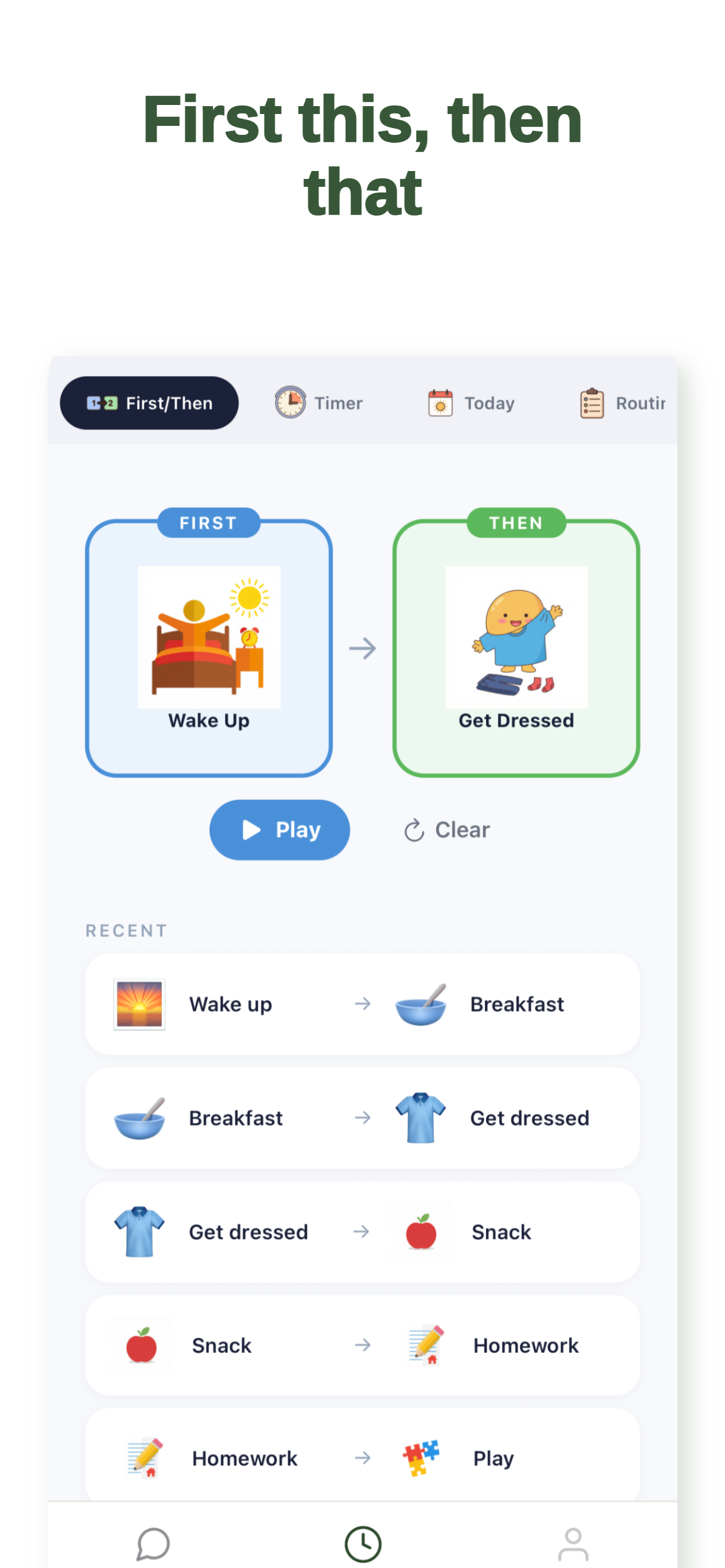 First Then board app showing dinner first then bath — visual transition support for children with autism
