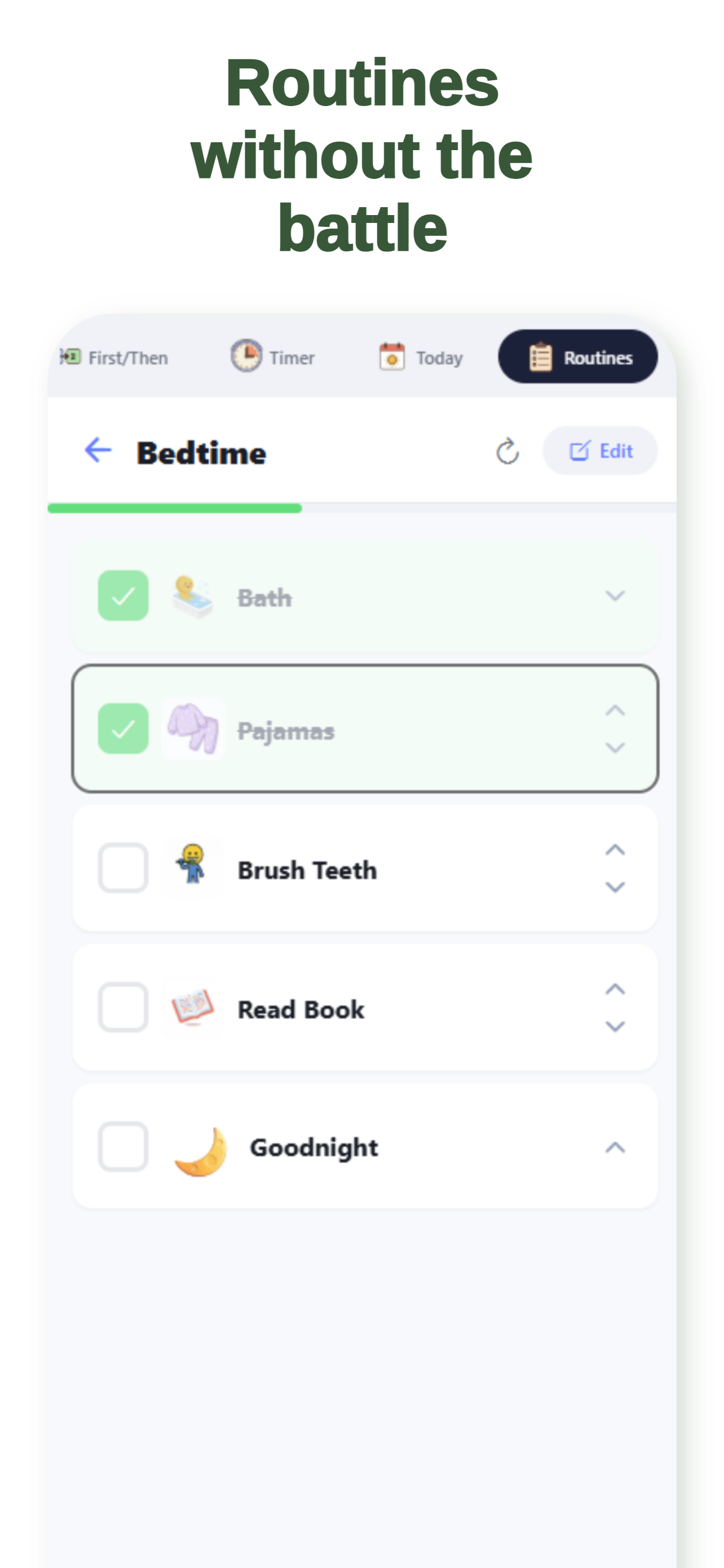 Visual routine checklist for bedtime — step-by-step image schedule for children with autism and speech delays