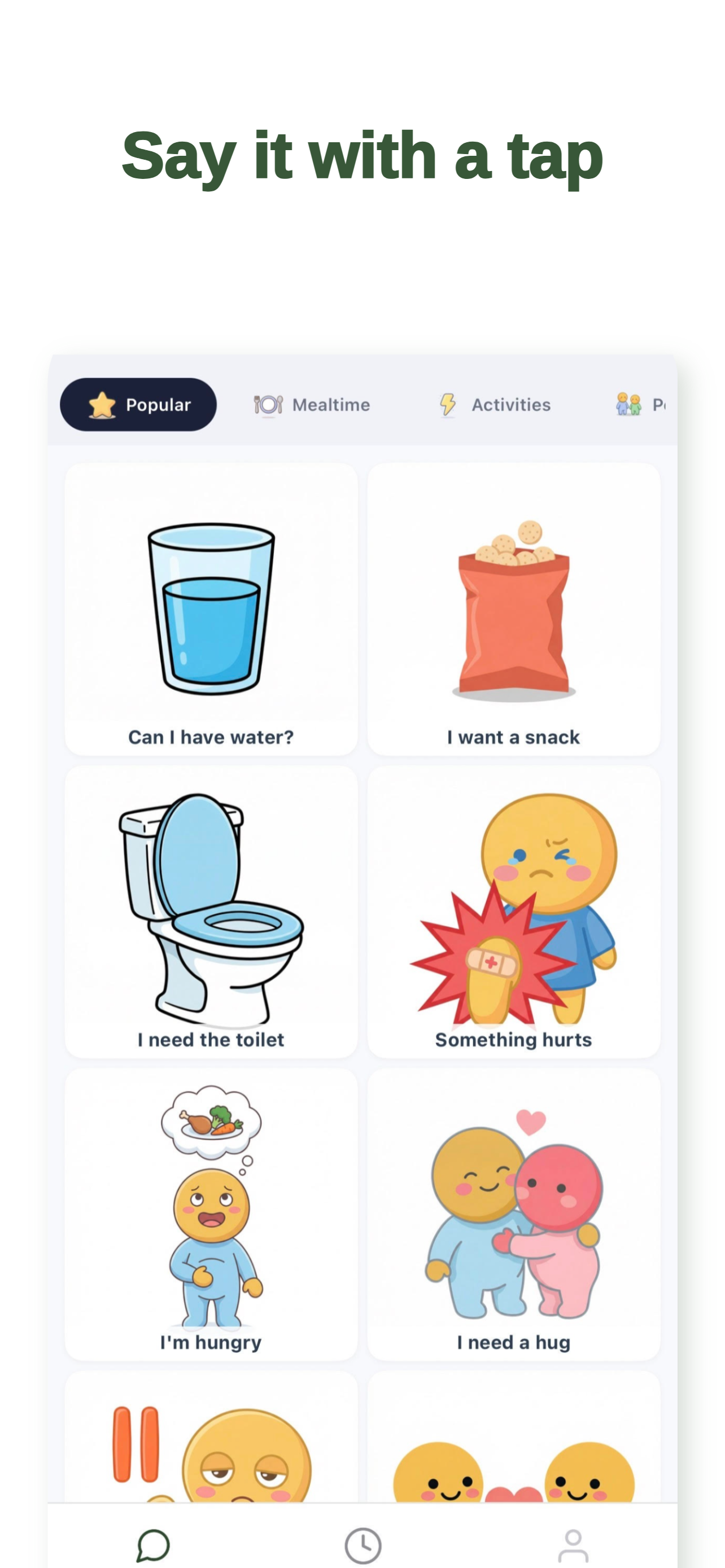 Tala AAC communication board showing Popular category with cards like Can I have water, I want a snack, I need the toilet, and Something hurts